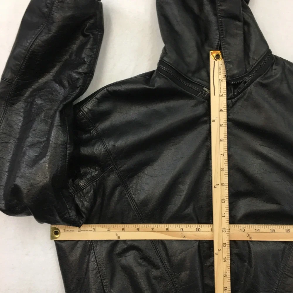 VINTAGE LEATHER HOODED JACKET MENS‎ BLACK REMOVABLE HOOD ZIPPER SIZE 40